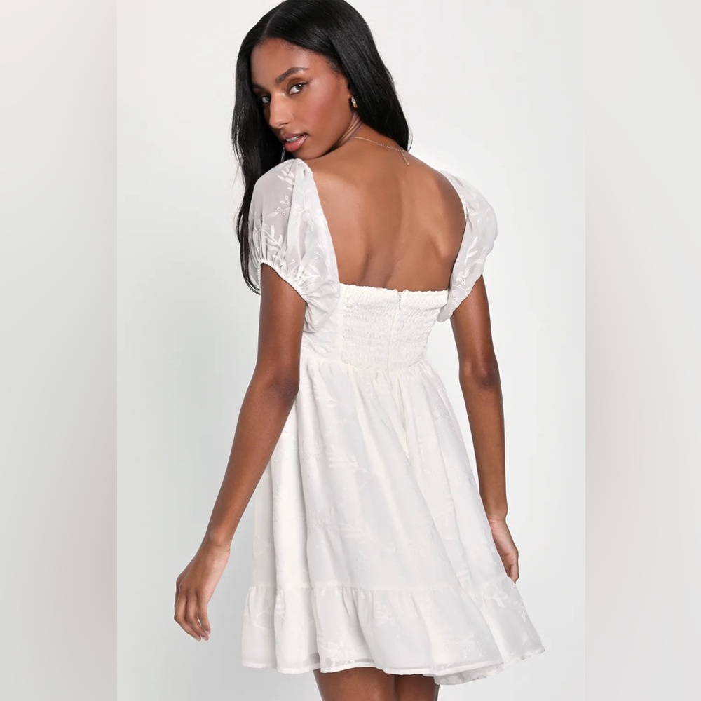 Lulus NWOT Cutest Icon White Embroidered Off-the-Shoulder Mini Dress - Picture 5 of 12